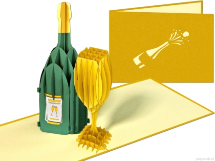 champagne goud compilatie Champagne fles wijn glas jubileum nieuwjaar pop-up kaart Popcards pop-up kaart - Champagne champagnefles met glas nieuwjaar oudjaar jubileum kerst wijn wijnfles bubbels kerstkaart goud jarig 3D wenskaart