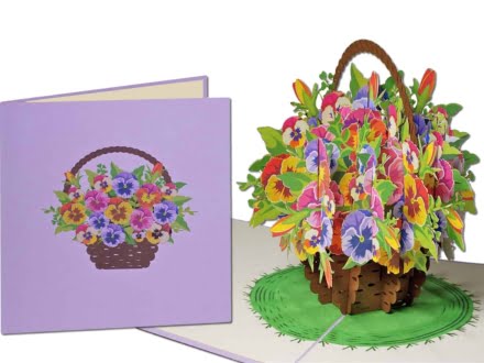 basket with violets compilation 1 Greeting Card Flowers Basket with Violets pop-up greeting card Popcards.nl pop-up card greeting card bouquet violins violets marigolds flowers flower basket 3D card