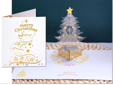 Christmas card isolated Christmas tree with golden shiny decorations pop-up card 3D greeting card