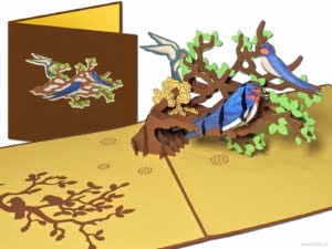 Popcard popcards carte - uccelli in un albero con rami rondine rondine granaio libertà congratulazioni compleanno uccellini biglietto di auguri 3d card