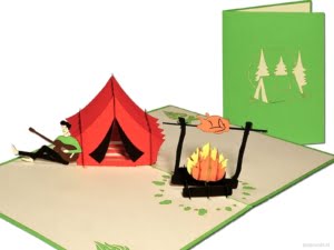 Popcards.nl pop up kaart kamperen vakantie camping vrijheid natuur barbecue bbq glamping kampvuur wenskaart 3D-kaart