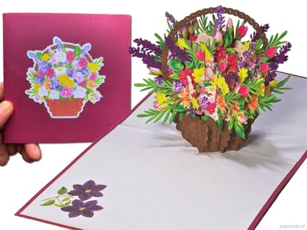 Popcards Popup Cards - Ramo mixto Clematis Flower Basket Purple Magenta Popup Card Tarjeta de felicitación 3D