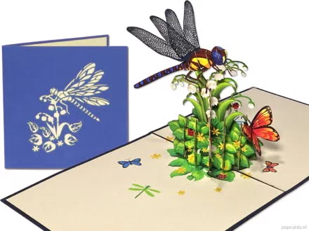 Popcards Popup-Karten – Geburtstagskarte Libelle Blumen Insekt Maybells Maiglöckchen Schmetterlinge Flügel 3D-Grußkarte
