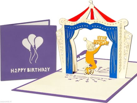 Popcards.nl pop up kaart vrolijke clown happy birthday ballonnen wenskaart 3D-kaart