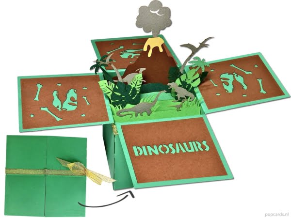 Popcards.nl pop-up card box box parque jurásico mundo jurásico dinosaurio dino dinosaurios prehistoria trias jura tiza volcán isla erupción volcánica tarjeta de felicitación tarjeta 3D