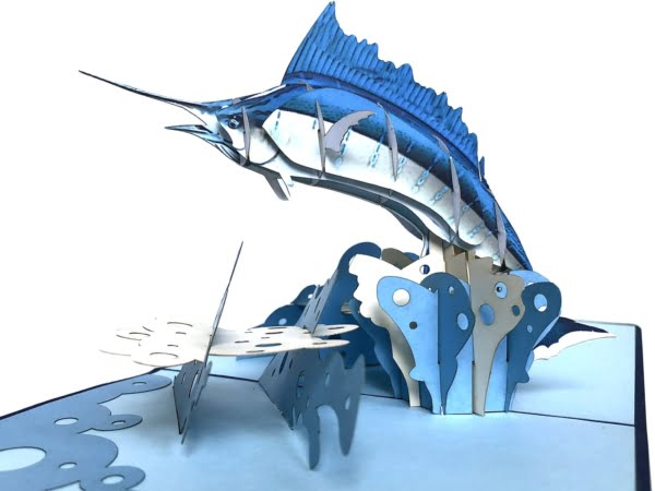 Popcards.nl pop up kaart springende zwaardvis vis oceaan zee dolfijn wenskaart 3D-kaart Popcards.nl pop up kaart springende zwaardvis vis oceaan zee dolfijn wenskaart 3D-kaart