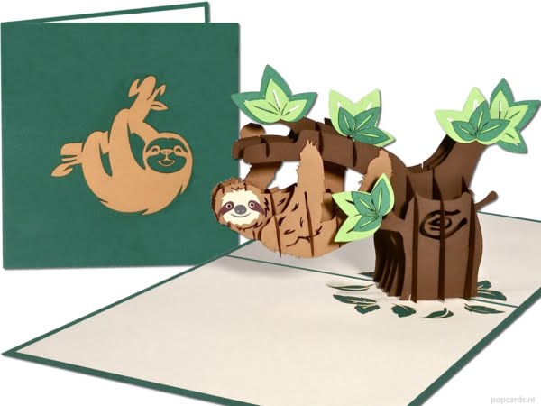 Popcards.nl carta pop-up che appende il bradipo sulla carta 3D del bradipo animale della giungla dell'albero