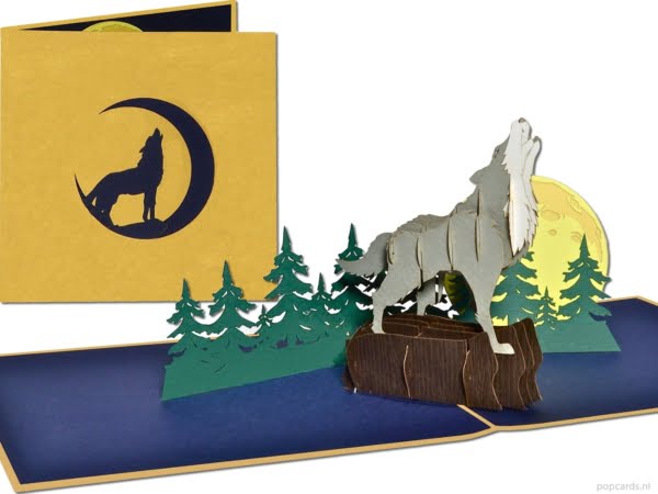Popcards.nl pop up kaart huilende wolf grijze wolf hondachtigen Canis lupus coyote wenskaart 3D-kaart