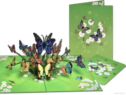 Popcards.nl pop up kaart vlinders dansend in de tuin bloementuin ontpoppen groen natuur 3D-kaart
