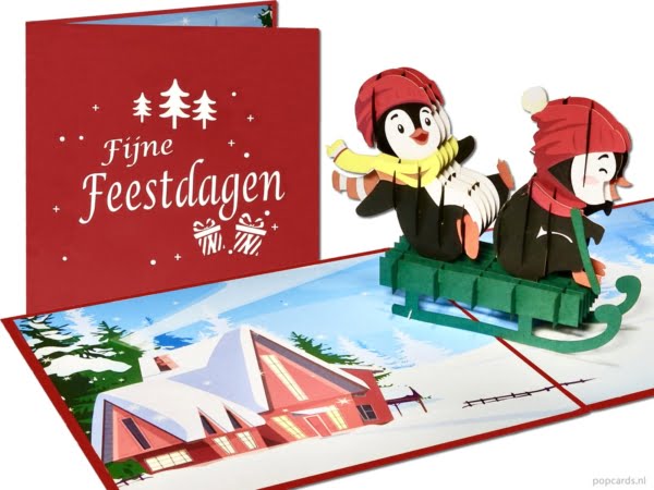 Popcards popup cards - Funny Children's Christmas Card Smiling Penguins on Sleigh Winter Sports Fun Merry Christmas Pop-up Card 3D Greeting Card