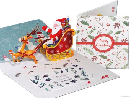 114 kerstman slee rendier lichter compilatie Kerstkaart kerstman met rendier en arrenslee Popcards popupkaarten – kerstman met arreslee en springende rendieren rendieren kerstkaart pop-up kaart