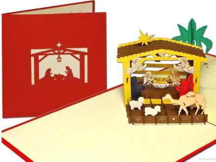 Popcards popup cards - nativity scene nativity scene inn birth church baby infant jesus stole christmas Bethlehem joseph mary immaculate conception christmas card