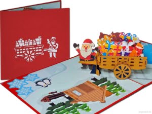 Popcards Pop-Up Cards - Merry Santa Claus with pushcart cart full of gifts Christmas card pop-up card