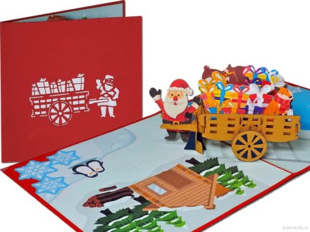 kerstman met handkar compilatie Kerstkaart Kerstman met cadeautjes en bosdieren in handkar pop-up kaart Popcards popupkaarten – vrolijke kerstman met handkar kar vol cadeautjes kerstkaart pop-up kaart