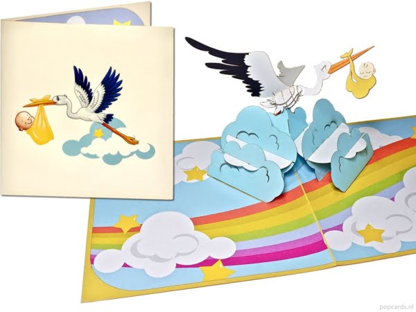 Popcards popupkaarten – Zwanger Baby kaart Geboorte Jongen Meisje Ooievaar brengt baby kind vogel geboortekaart wenskaart 3d-kaart