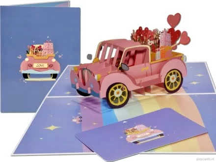 Popcards popup cards - Happy Pink Car with Love Balloons Love In Love Engaged Balloons Tarjeta de felicitación 3D