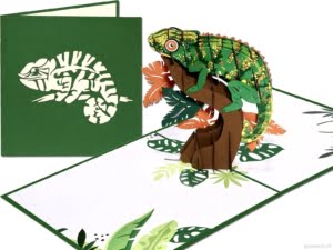 Popcards popup cards – green chameleon on branch tree cameleon 3D greeting card