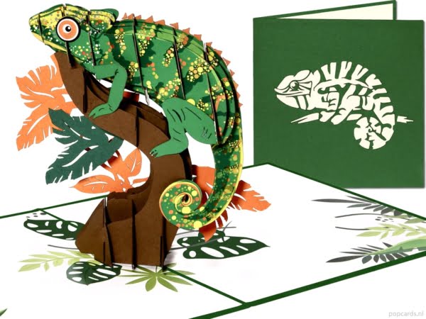 Popcards popup cards – green chameleon on branch tree cameleon 3D greeting card