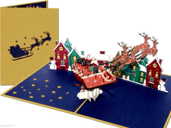 Popcards.nl Pop-up-Karte Weihnachtskarte Weihnachtsmann Schlitten Geschenke goldene Frohe Weihnachten Grußkarte 3D-Karte Popcards.nl Pop-up-Karte Weihnachtskarte Weihnachtsmann Schlitten Geschenke goldene Frohe Weihnachten Grußkarte 3D-Karte