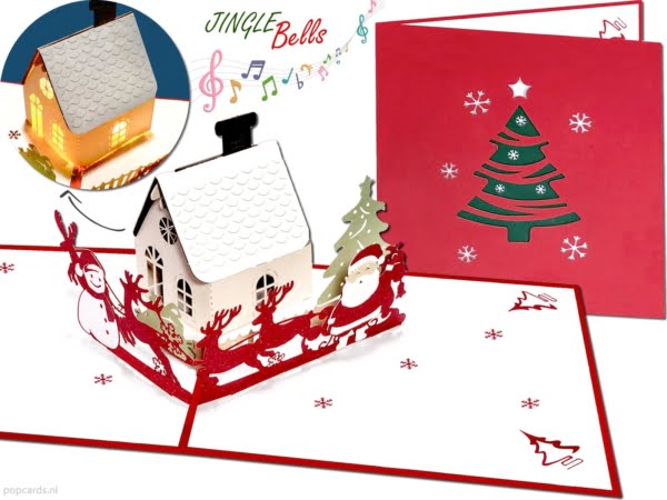 Popcards.nl Pop-up-Karte, Weihnachtskarte mit Musik, Jingle Bells und LED-Licht, beleuchtete Häuser, Schnee, verschneite Landschaft, Weihnachtsbaum, Grußkarte, 3D-Karte