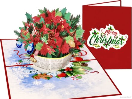 Popcards popupkaarten – rode kerstkaart kerstster kerstroos in wit mandje Merry Christmas 3d kaart wenskaart