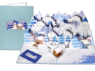 Bellissima e imponente cartolina di Natale con paesaggio innevato, montagne, case attraenti, renne e pupazzo di neve Bellissima e imponente cartolina di Natale con paesaggio innevato, montagne, case attraenti, renne e pupazzo di neve