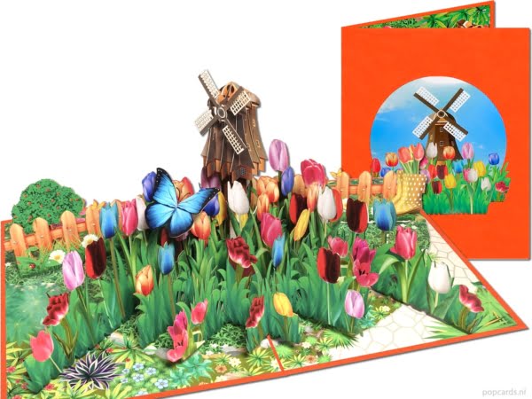 Popcards popupkaarten – Hollandse molen tulpen keukenhof 3D wenskaart