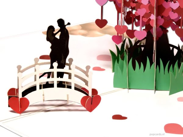 Popcards.nl carte pop up couple romantique amoureux sur un pont avec un sakura cerisier avec coeurs carte de voeux carte 3D Popcards.nl carte pop up couple romantique amoureux sur un pont avec un sakura cerisier avec coeurs carte de voeux carte 3D