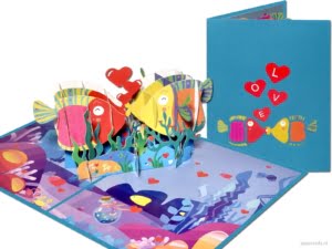 Popcards.nl biglietto pop-up che bacia pesci tropicali pesci ornamentali innamorati Biglietto di fidanzamento di San Valentino che vivono insieme Biglietto di auguri per acquario di San Valentino Carta 3D
