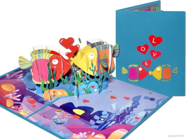 Popcards.nl biglietto pop-up che bacia pesci tropicali pesci ornamentali innamorati Biglietto di fidanzamento di San Valentino che vivono insieme Biglietto di auguri per acquario di San Valentino Carta 3D