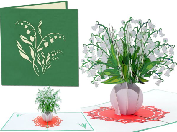Popcards.nl pop up kaart lelietje van dalen witte bloemen in vaas Convallaria majalis Meiklokje wenskaart 3D-kaart Popcards.nl pop up kaart lelietje van dalen witte bloemen in vaas Convallaria majalis Meiklokje wenskaart 3D-kaart