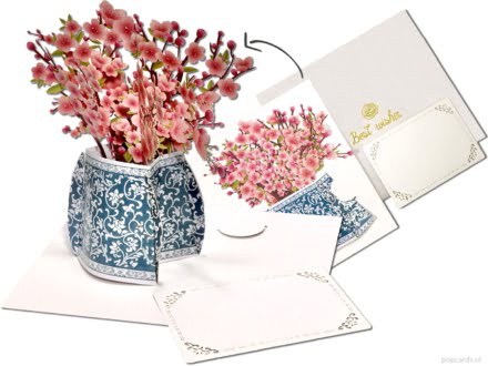 Popcards.nl Tarjeta emergente florero rosa sakura florero grande con flores florero Tarjeta 3D de porcelana azul de Delft