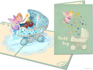 Popcards.nl Pop-up-Karte Kinderwagen Babybett Geburtsanzeige Junge blaue 3D-Grußkarte