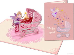 Popcards.nl pop up kaart kinderwagen Baby wiegje geboortekaart meisje roze 3d wenskaart