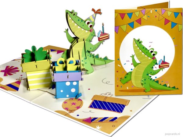 Popcards Tarjeta emergente - Tarjeta de cumpleaños Cumpleaños Cocodrilo Pastel Sombrero de fiesta Hurra Tarjeta de felicitación 3D