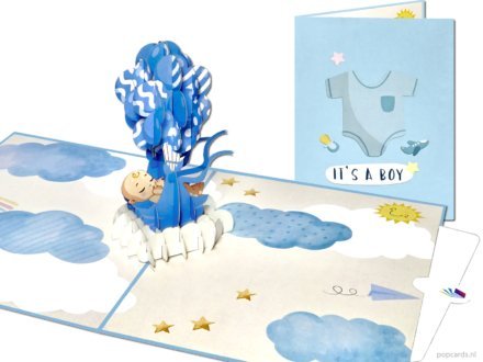 Popcards pop-up kaart – Baby blauwe ballonnen geboortekaart geboorte kindje kind jongen jongetje wiegje 3D wenskaart