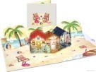 Carte pop-up Plage joyeuse avec maisons colorées Vacances d'été Carte pop-up de vacances d'été avec une plage joyeuse et des maisons colorées