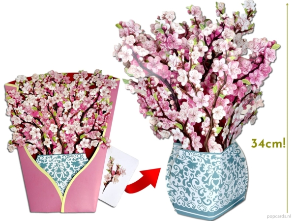 Popcards pop up card – Super large mega large large bouquet pink flowers cherry blossom sakura Delft blue porcelain vase pop up cards 3D greeting card