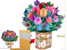 Groot vrijstaand boeket met Rozen, Tulpen, Anjers en Blauwe Druifjes in bloemenvaas pop-up kaart Groot vrijstaand boeket met Rozen, Tulpen, Anjers en Blauwe Druifjes in bloemenvaas pop-up kaart Image