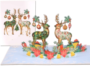 Popcards pop-up kaart –  Kerstkaart Kerst Hert Rendier Herten Kerstballen Versierd Christmas wenskaart 3d kaart