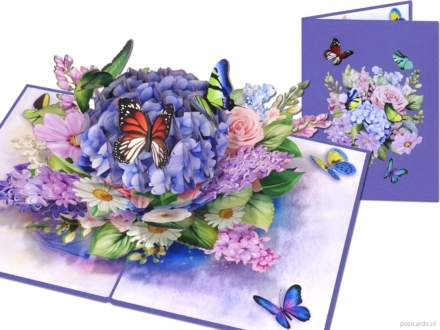 Tarjeta emergente Popcards – Hortensia Hortensia Púrpura Violeta Flores azules con mariposas de colores Tarjeta de felicitación 3D