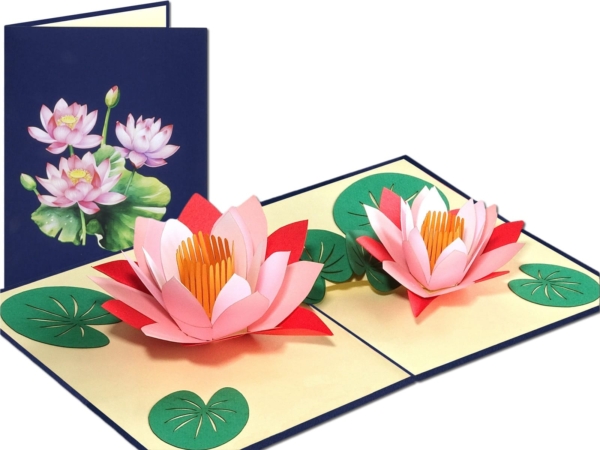 Popcards pop-up kaart –  Roze lotus bloemen Blauw wenskaart 3d kaart Popcards pop-up kaart –  Roze lotus bloemen Blauw wenskaart 3d kaart