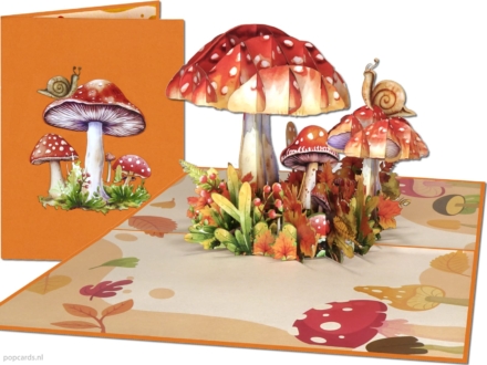 Mushrooms Compilation Beautiful Pop-Up Card Mushrooms with Snail in Autumn Colors | Autumn Greeting Card Popcards pop-up card – Mushroom Fly agaric toadstool forest autumn snail fungi gnomes 3D greeting card