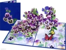 Biglietto d'auguri Bellissimo biglietto pop-up con viole viola blu Biglietto d'auguri con bellissime immagini pop-up di violette blu e viola