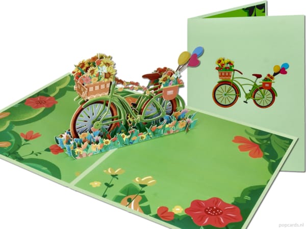 Carte pop-up Popcards – Carte de vœux 3D représentant un vélo vert avec des fleurs et un panier