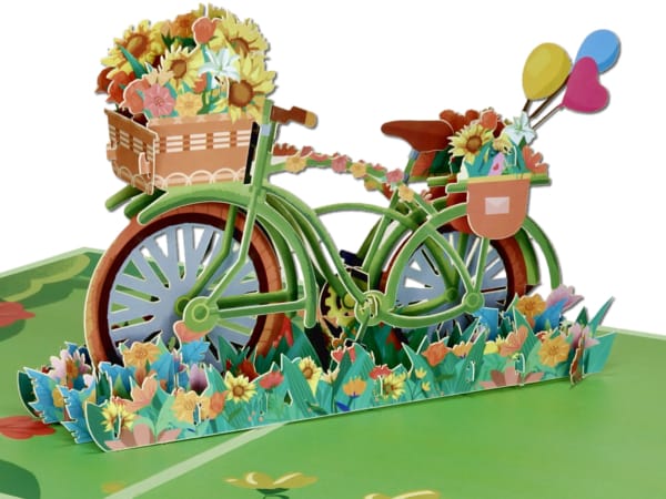 Carte pop-up Popcards – Carte de vœux 3D représentant un vélo vert avec des fleurs et un panier Carte pop-up Popcards – Carte de vœux 3D représentant un vélo vert avec des fleurs et un panier