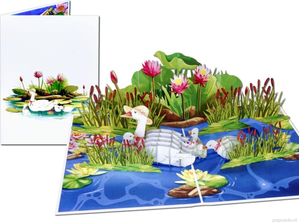 Tarjeta desplegable Popcards: Madre con pequeños Gansos, ganso, Día de la Madre, ganso con sombrero, tarjeta de felicitación 3D