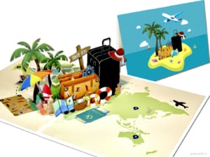 Popcards pop-up kaart – Vakantiekaart vakantie reis palmbomen vliegtuig handbagage strand zee eiland 3D wenskaart Popcards pop-up kaart – Vakantiekaart vakantie reis palmbomen vliegtuig handbagage strand zee eiland 3D wenskaart