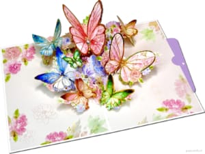 Tarjeta desplegable Popcards: Tarjeta de mariposas de lujo, hermosas mariposas de colores, tarjeta de felicitación 3D rosa y morado.
