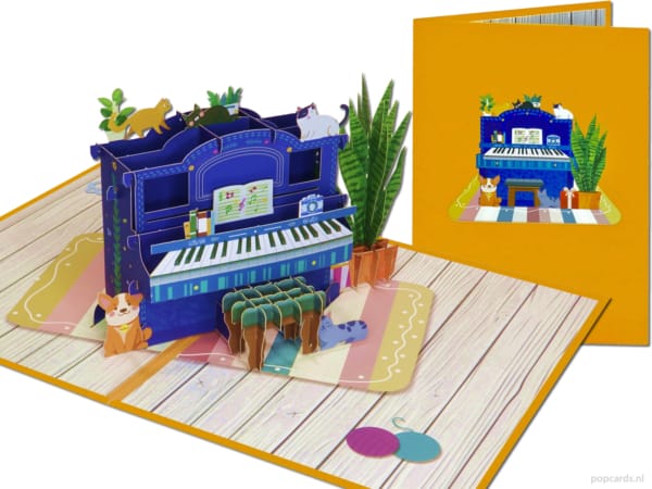 Popcards pop-up kaart – Poezen katten honden op piano pianovleugel muziek 3D wenskaart